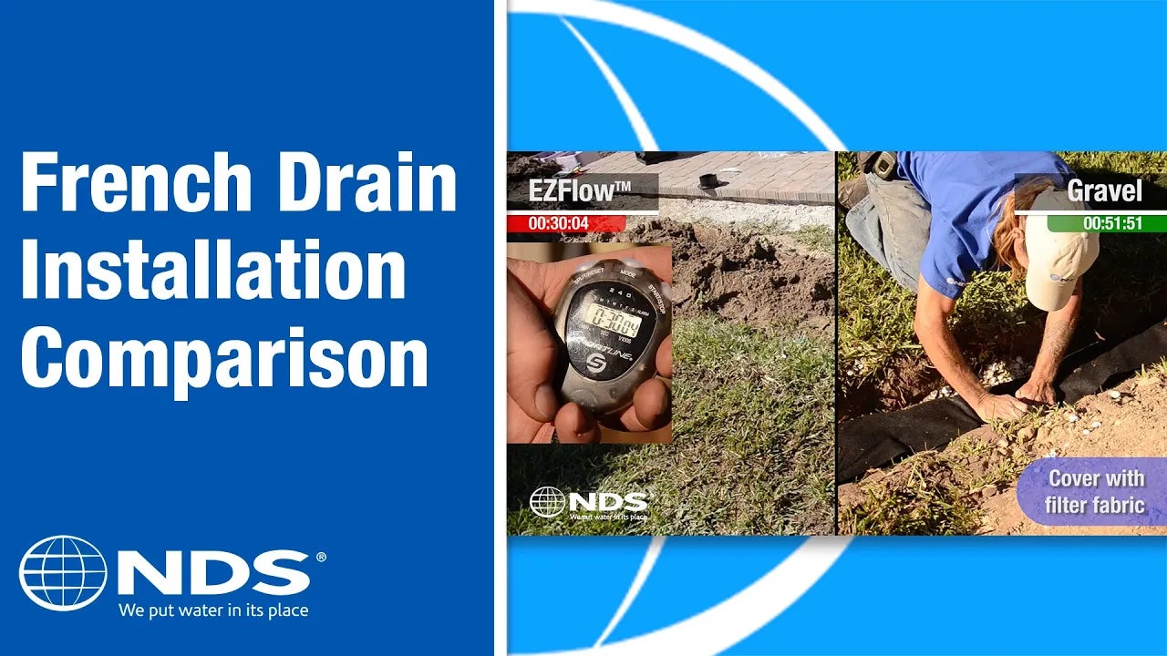 French drainage systems are a proven way to keep water away from buildings, water in basements and crawl spaces and correct yard drainage problems. French drains can sometimes be costly and difficult to install. NDS Ezflow offers the contractor professional an easy money saving installation process: Just dig a trench, lay it down and cover with soil. This video highlights the ease of installation between a traditional French drain and the gravel-free alternative: Ezflow from NDS.