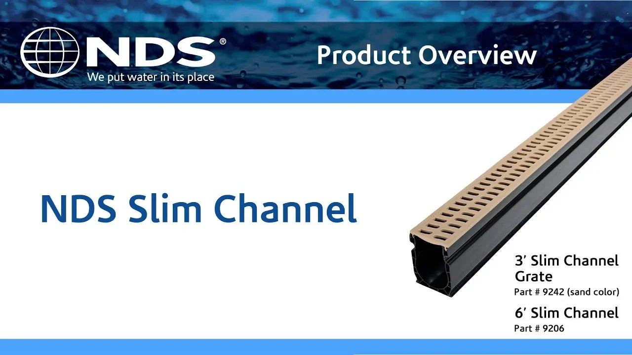 The NDS Slim Channel Drain is a 2" Channel Drain. It has a Slim Design & Powerful Performance. Our high performance grate design provides 3X greater surface area for draining. Ideal for light-duty residential applications including swimming pools, spas and patios.