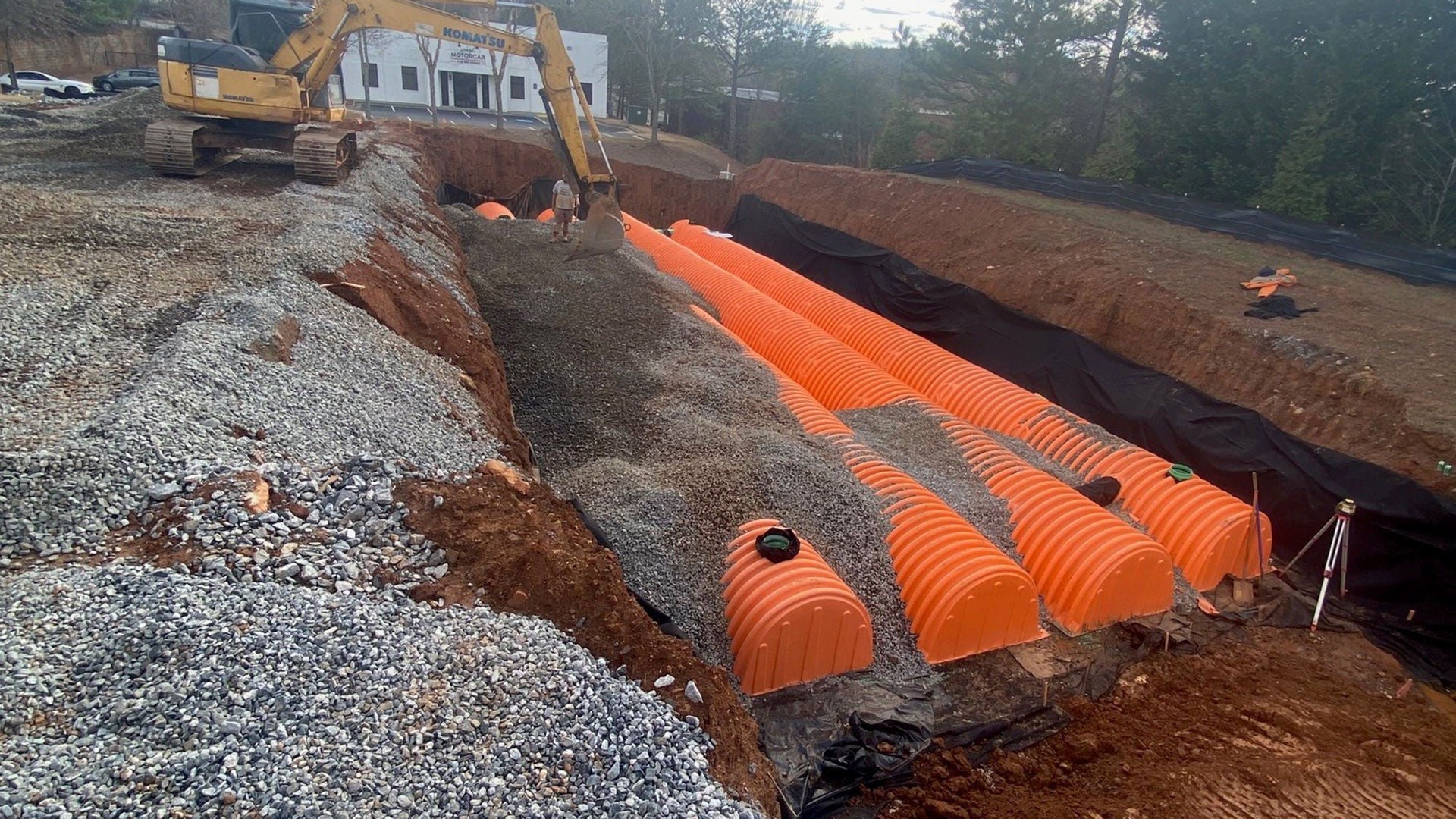 Installing NDS StormChamber Units during excavation for C.L. Burks Roofing Co. expansion