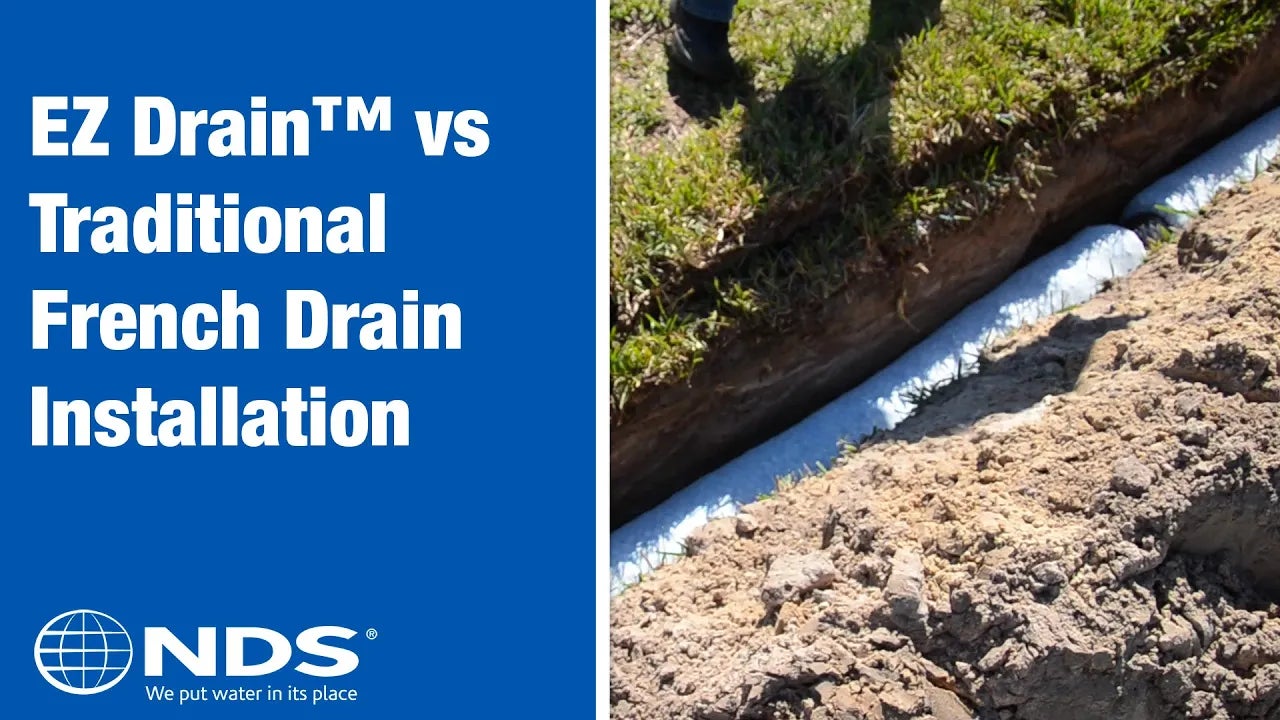 French drainage systems are a proven way to keep water away from buildings, water in basements and crawl spaces and correct yard drainage problems. French drains can sometimes be costly and difficult to install. NDS EZ-Drain is the gravel-free, all-in-one, lightweight drainage system replacing traditional pipe, sock and gravel drainage installations. This video highlights the ease of installation between a traditional French drain and the gravel-free alternative: Ez-Drain from NDS.