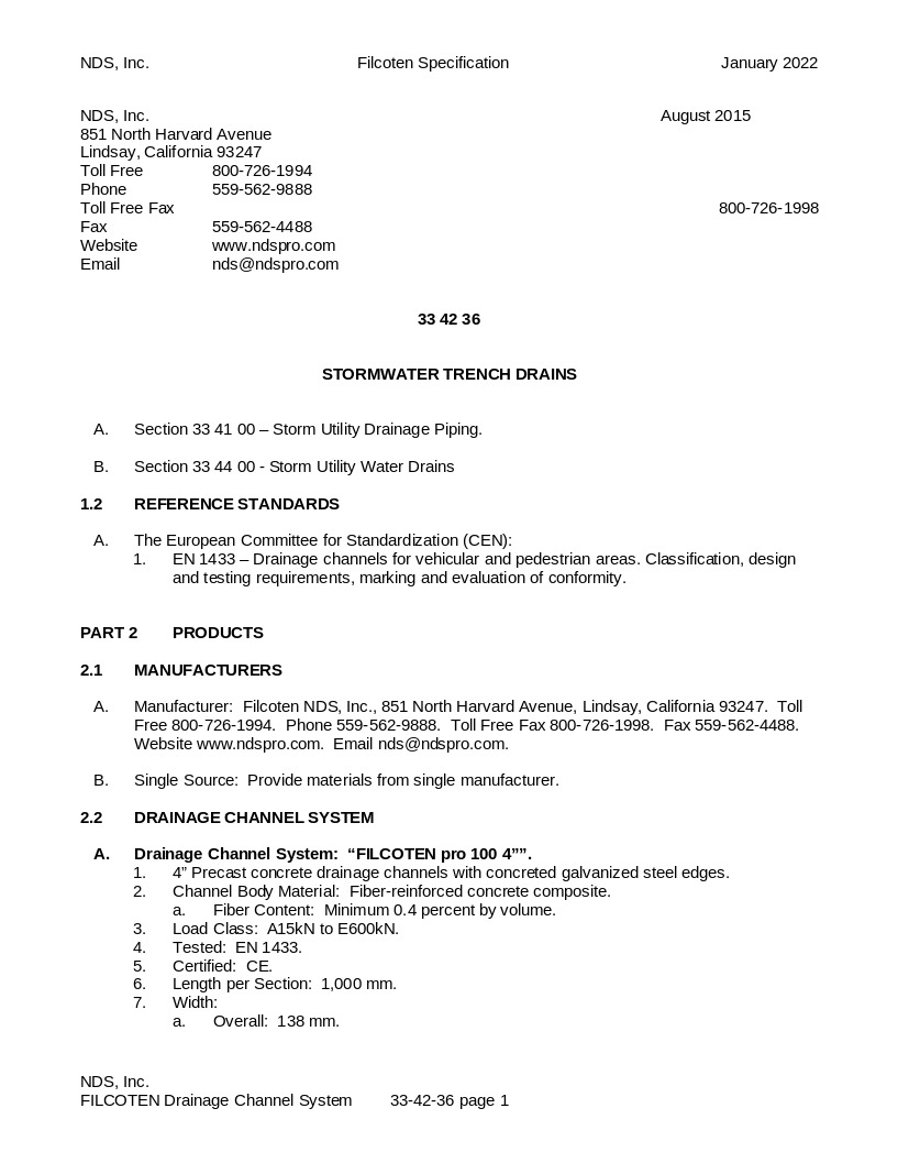 NDS BG-FILCOTEN® Trench Drains & Grates Written Spec