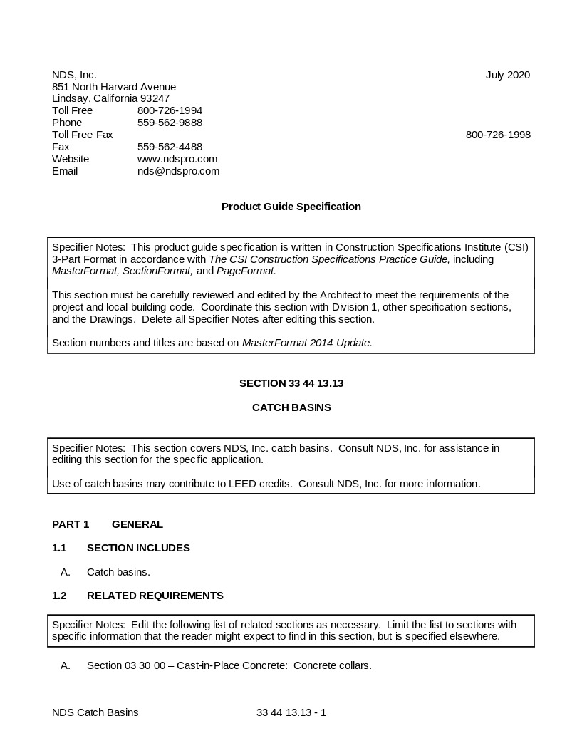 NDS Catch Basins & Grates Written Spec