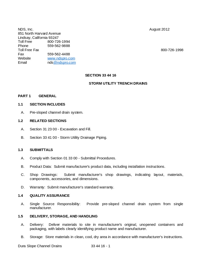 NDS Dura Slope Channel Drain System and Accessories Written Spec