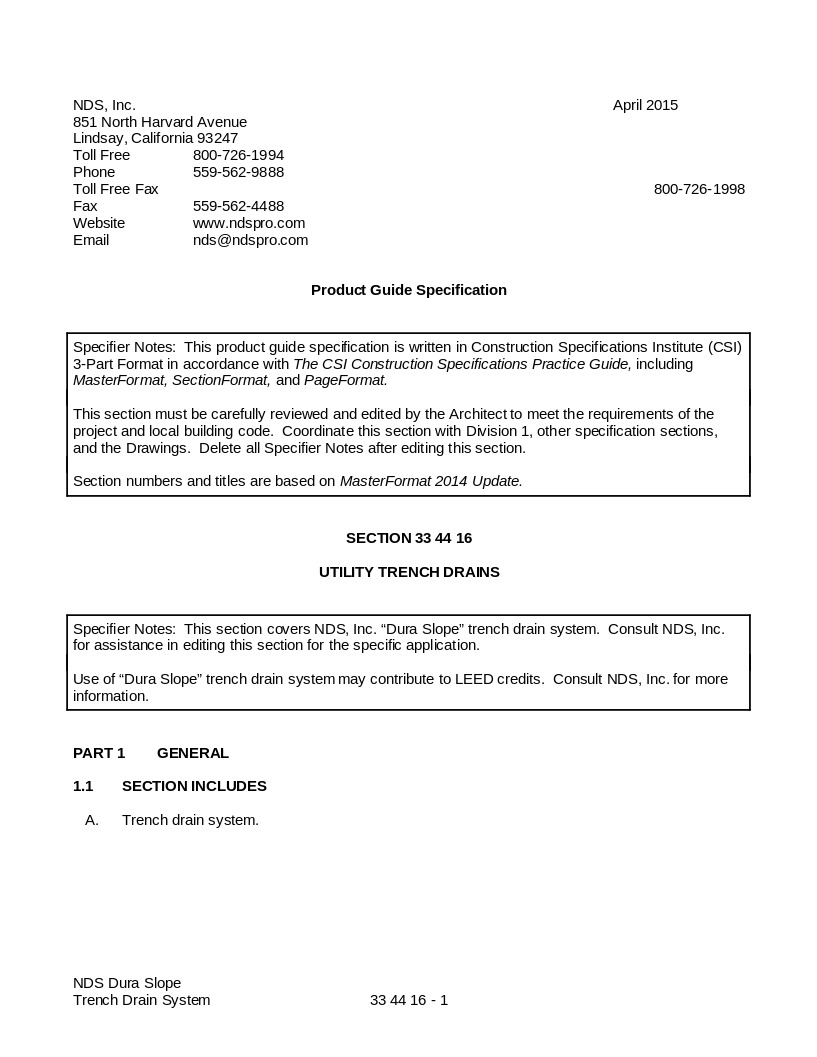 NDS Dura Slope Trench Drain And Grates System Written Spec