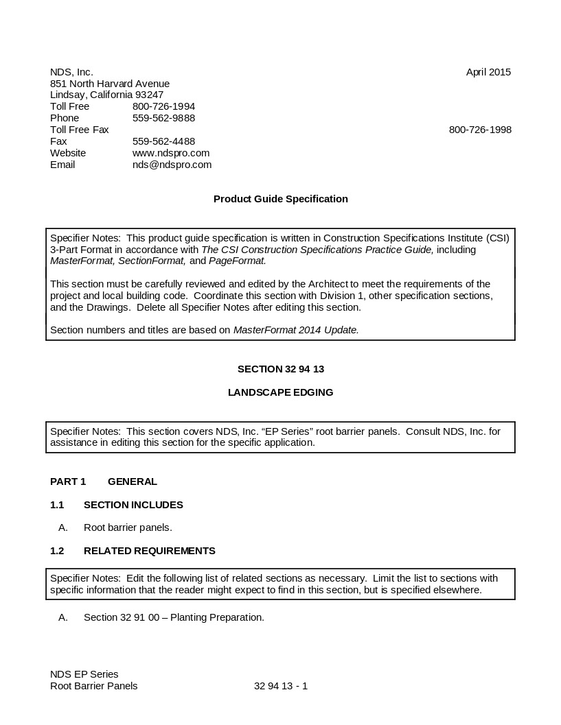 NDS Root Barrier Panels EP Series Landscape Barrier Expanded Written Spec