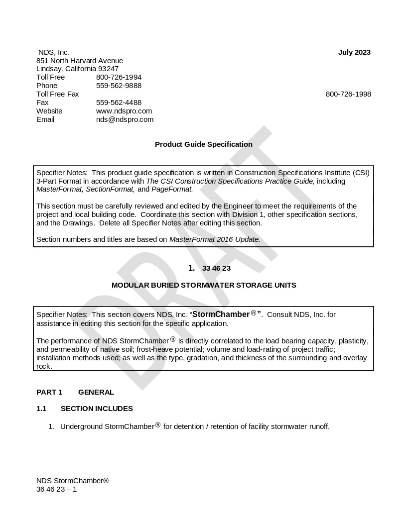 NDS StormChamber® Systems Written Spec