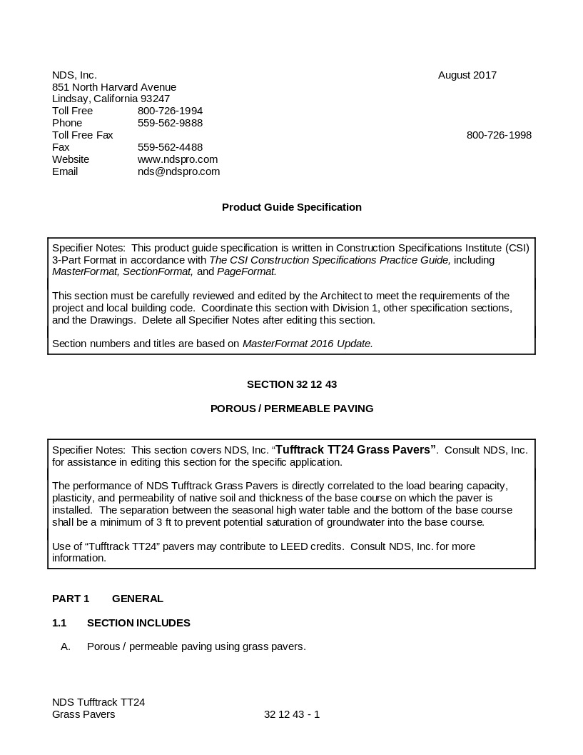 NDS Tufftrack Grass Pavers Written Spec