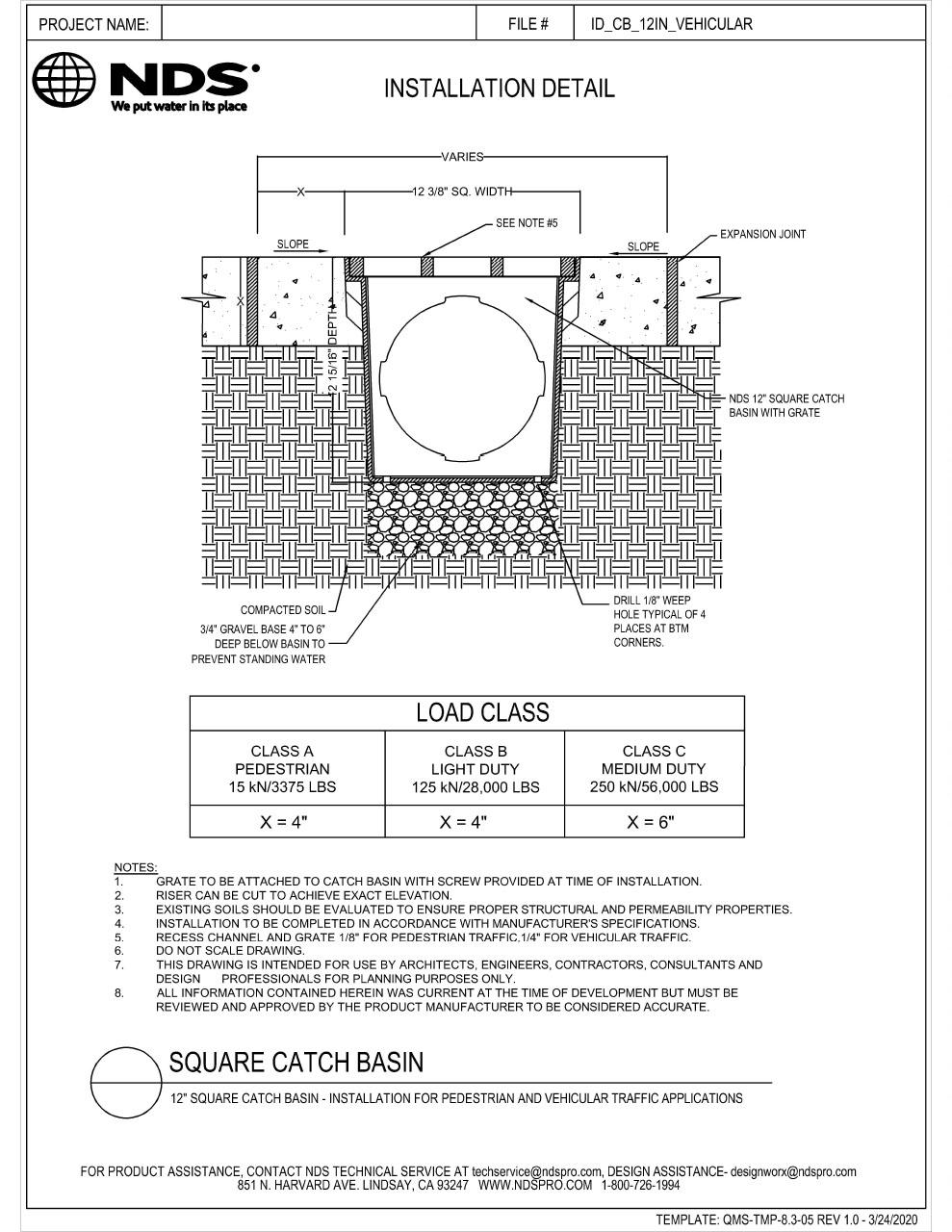 NDS 12 in. Catch Basin Pedestrian and Vehicular Traffic Installation Detail