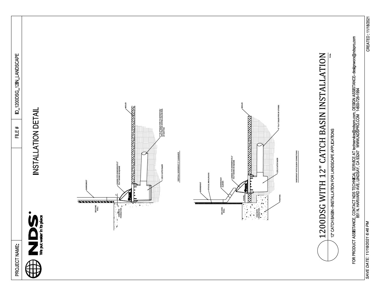 NDS 12 in. Downspout Defender™ with Catch Basin Drainage System Installation Detail