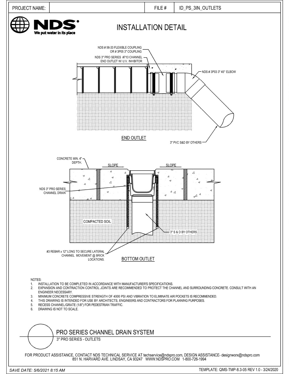 NDS 3 in. Pro Series Channel Drains & Grates Outlets Installation Details