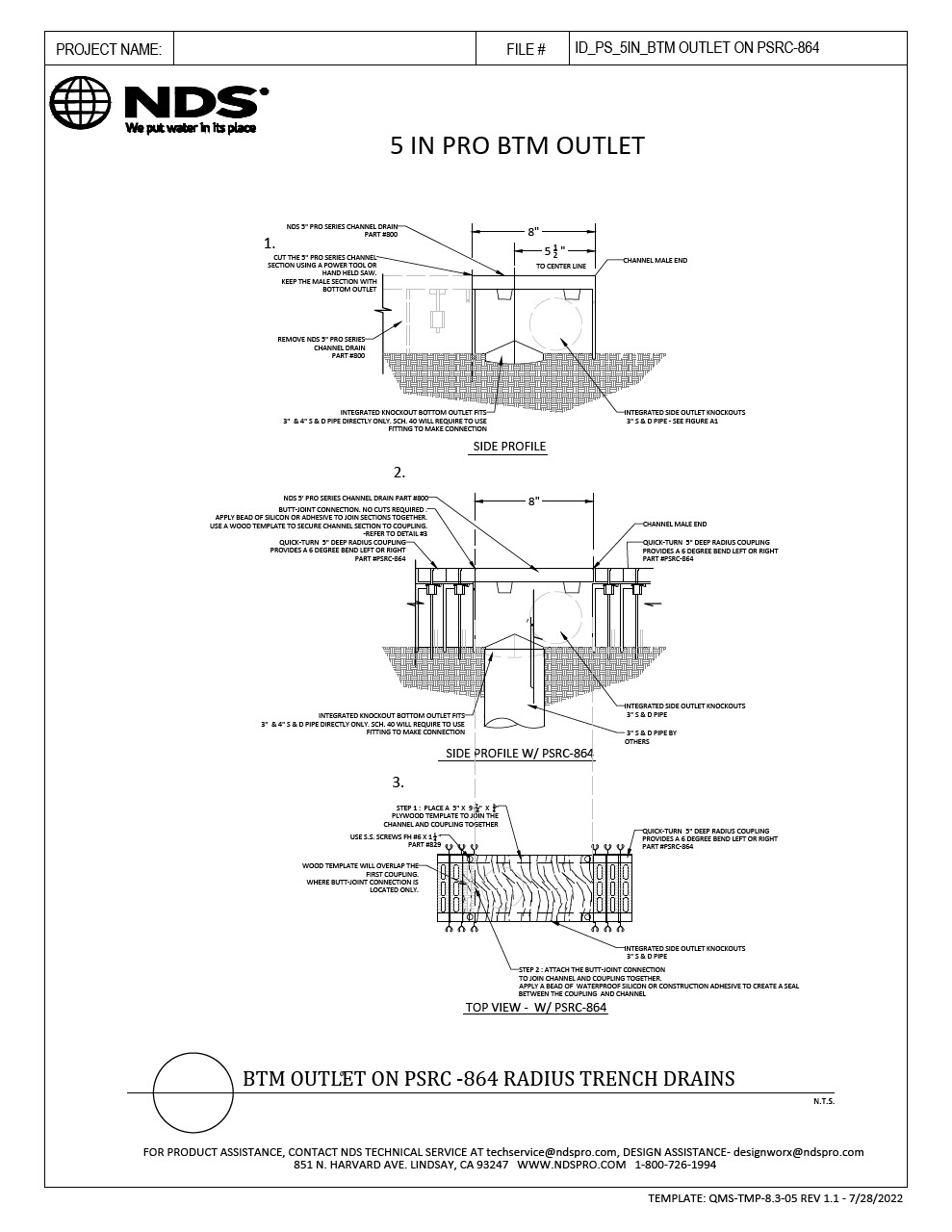 NDS 5 in. Pro Series Channel Drains & Grates Bottom Outlet On PSRC-864 Radius Installation Details