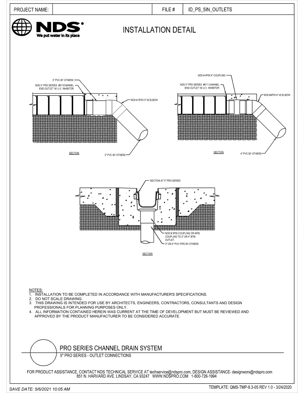 NDS 5 in. Pro Series Channel Drains & Grates Outlets Installation Details