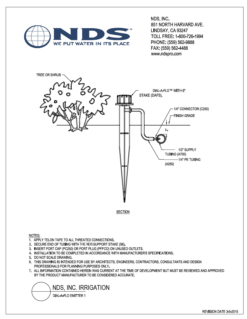 NDS Dial-A-Flo Non-Pressure Compensating Emitters 1 Installation Detail