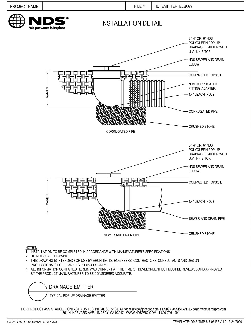 NDS Drainage Emitter With Elbow Installation Detail