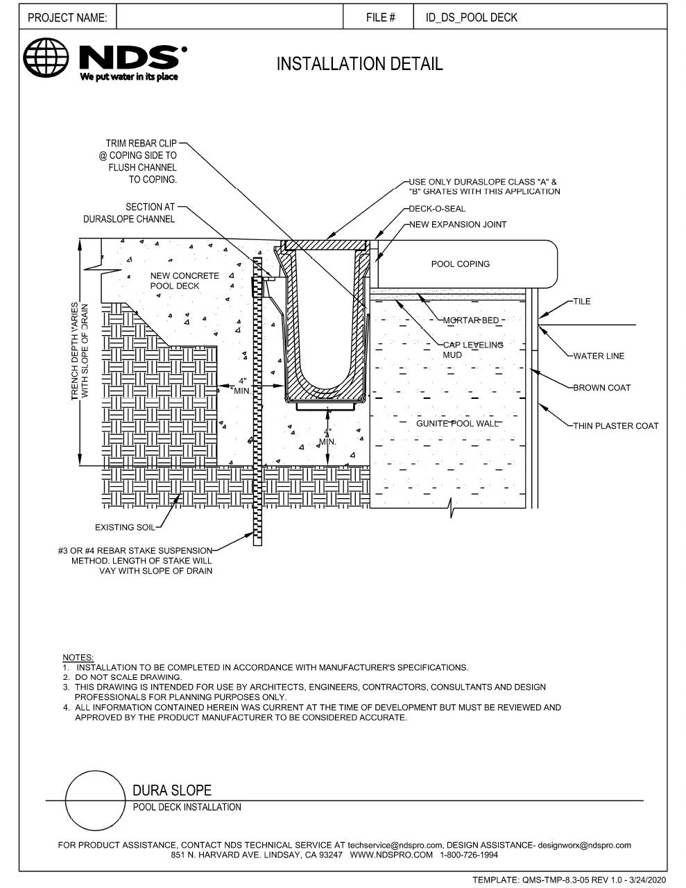 NDS Dura Slope® Channel Drains Pool Deck Installation Detail