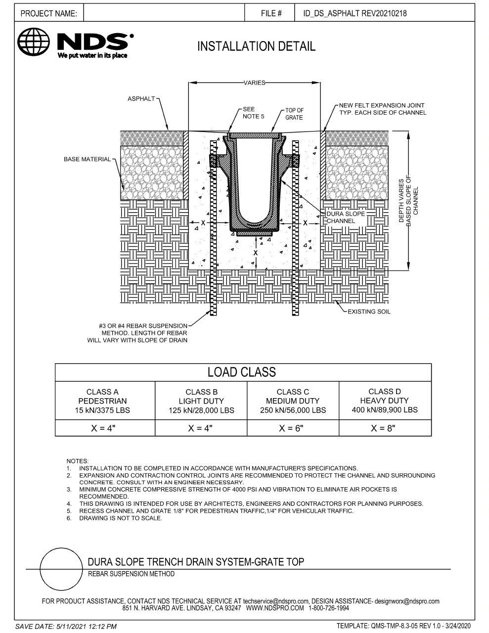 NDS Dura Slope® Channel Drains Rebar Suspension Method Asphalt Installation Detail