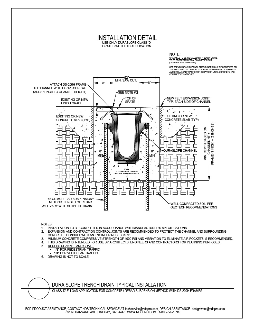 NDS Dura Slope® Channel Drains Rebar Suspension Method Concrete with DS-200H Frame Load D Installation Detail