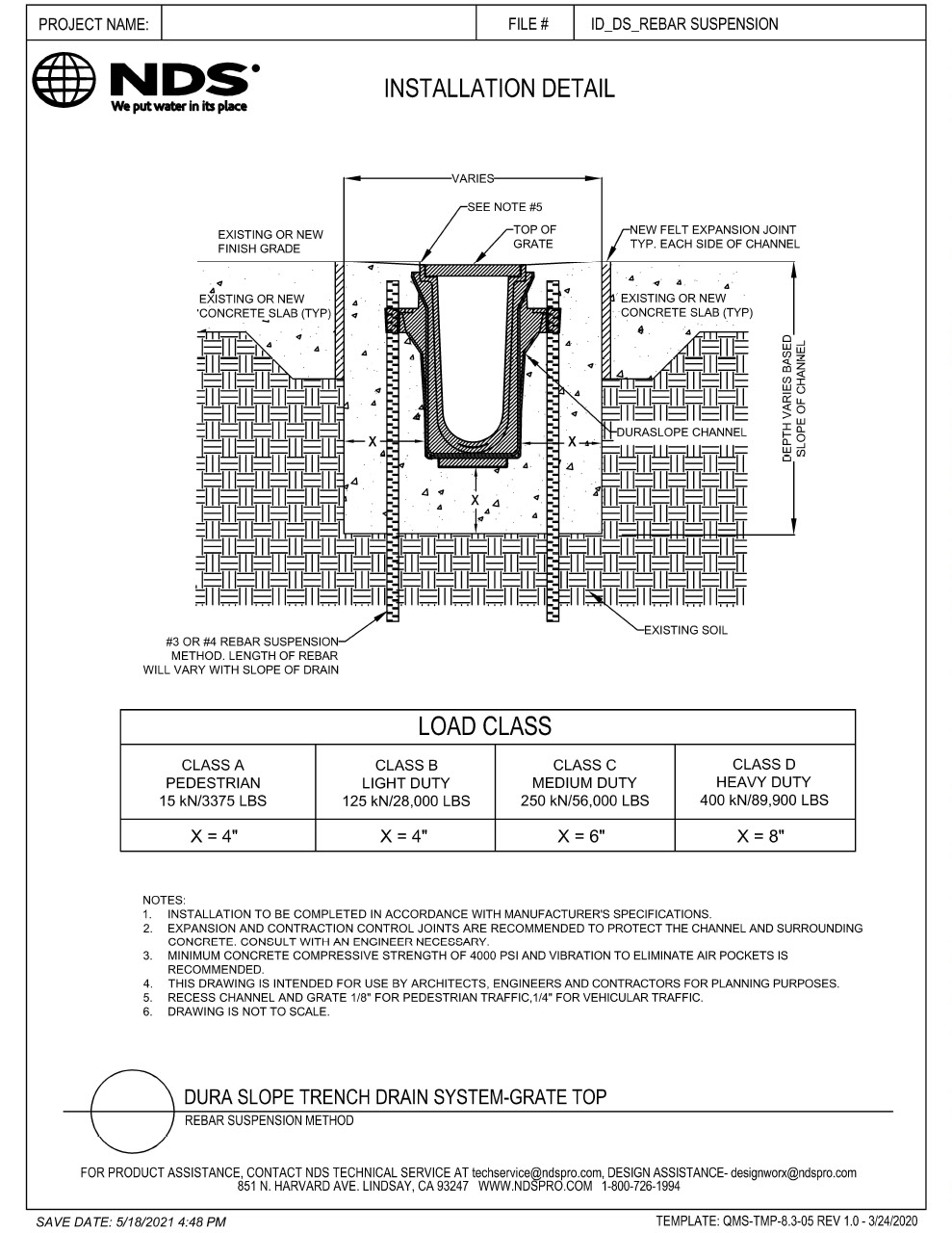 NDS Dura Slope® Channel Drains Rebar Suspension Method Concrete Load A-D Installation Detail