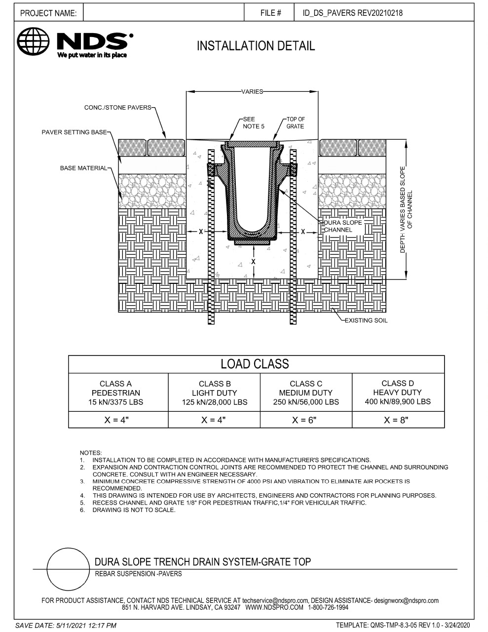 NDS Dura Slope® Channel Drains Rebar Suspension Method Pavers Load A-D Installation Detail