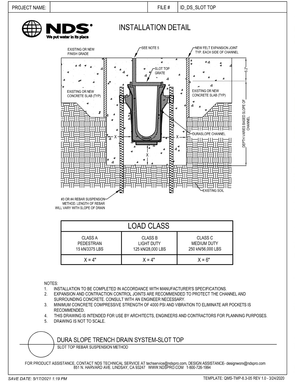 NDS Dura Slope® Channel Drains Slot Top Rebar Suspension Method Pavers Load A-C Installation Detail