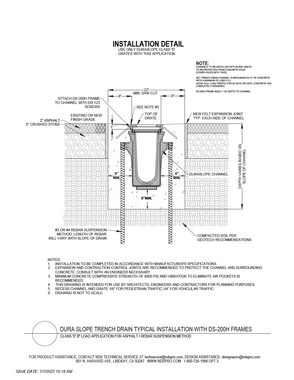 NDS Dura Slope® Channel Drains with Frame Load D Asphalt Rebar Installation Detail