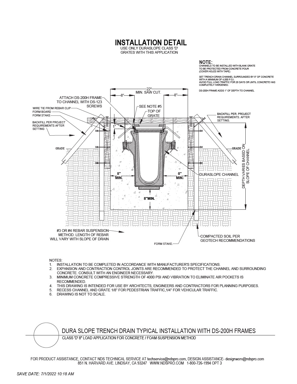 NDS Dura Slope® Channel Drains with Frame Load D Concrete Foam Installation Detail