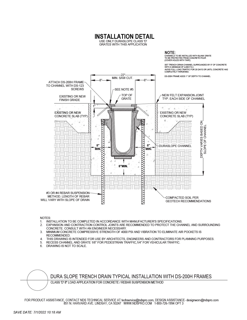 NDS Dura Slope® Channel Drains with Frame Load D Concrete Rebar Installation Detail