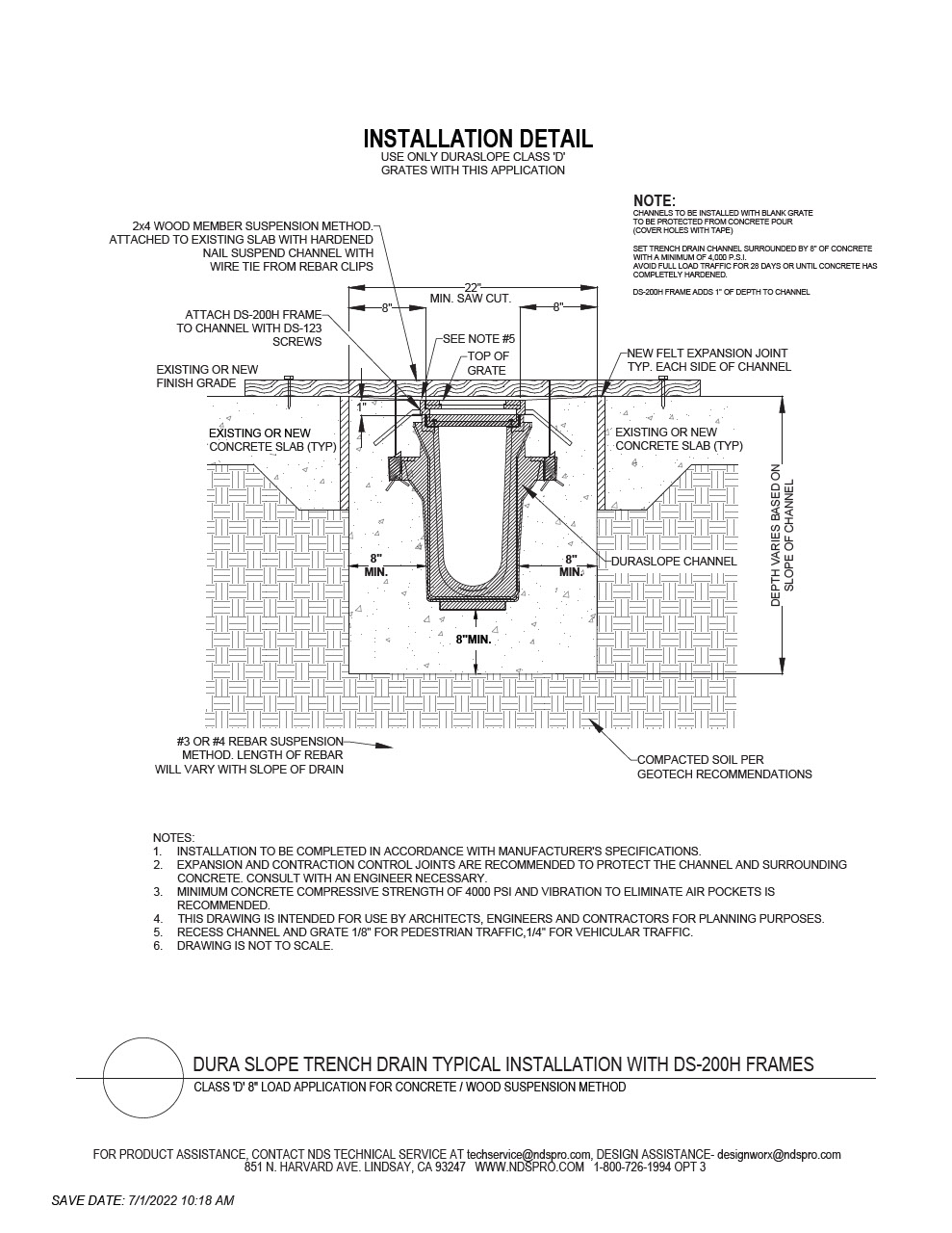 NDS Dura Slope® Channel Drains with Frame Load D Concrete Wood Installation Detail