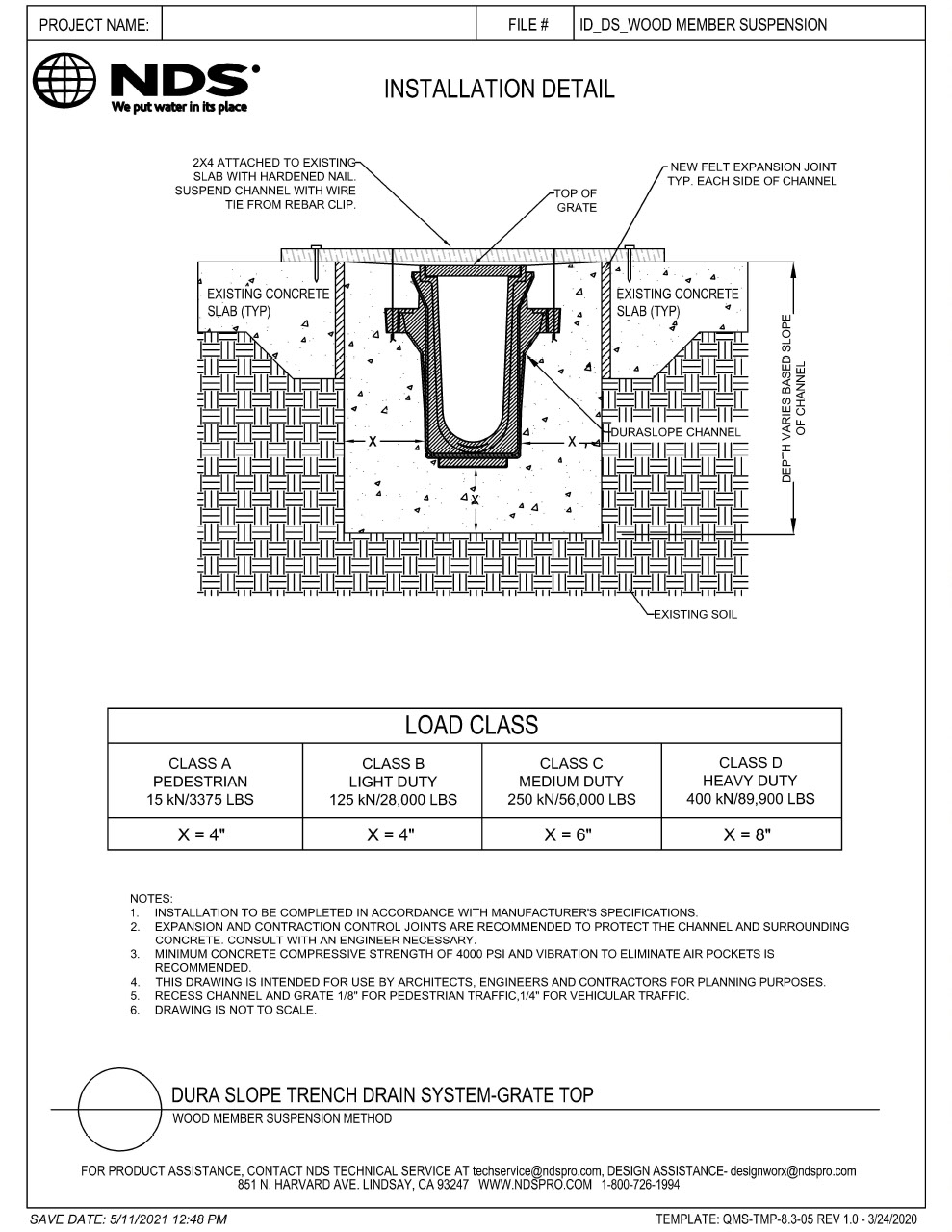 NDS Dura Slope® Channel Drains Rebar Suspension Method Wood Member Load A-D Installation Detail