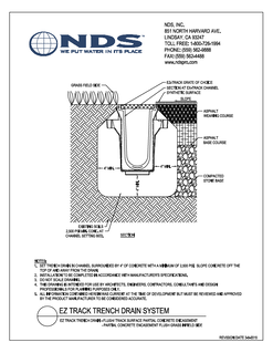 NDS Dura Slope® Channel Drain EZ-Track Radius Coupling Flush Track Surface with Flush Grass Infield Installation Detail