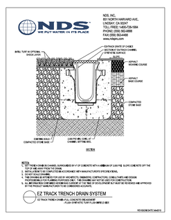 NDS Dura Slope® Channel Drain EZ-Track Radius Coupling Full Concrete with Synthetic Turf Flush Installation Detail