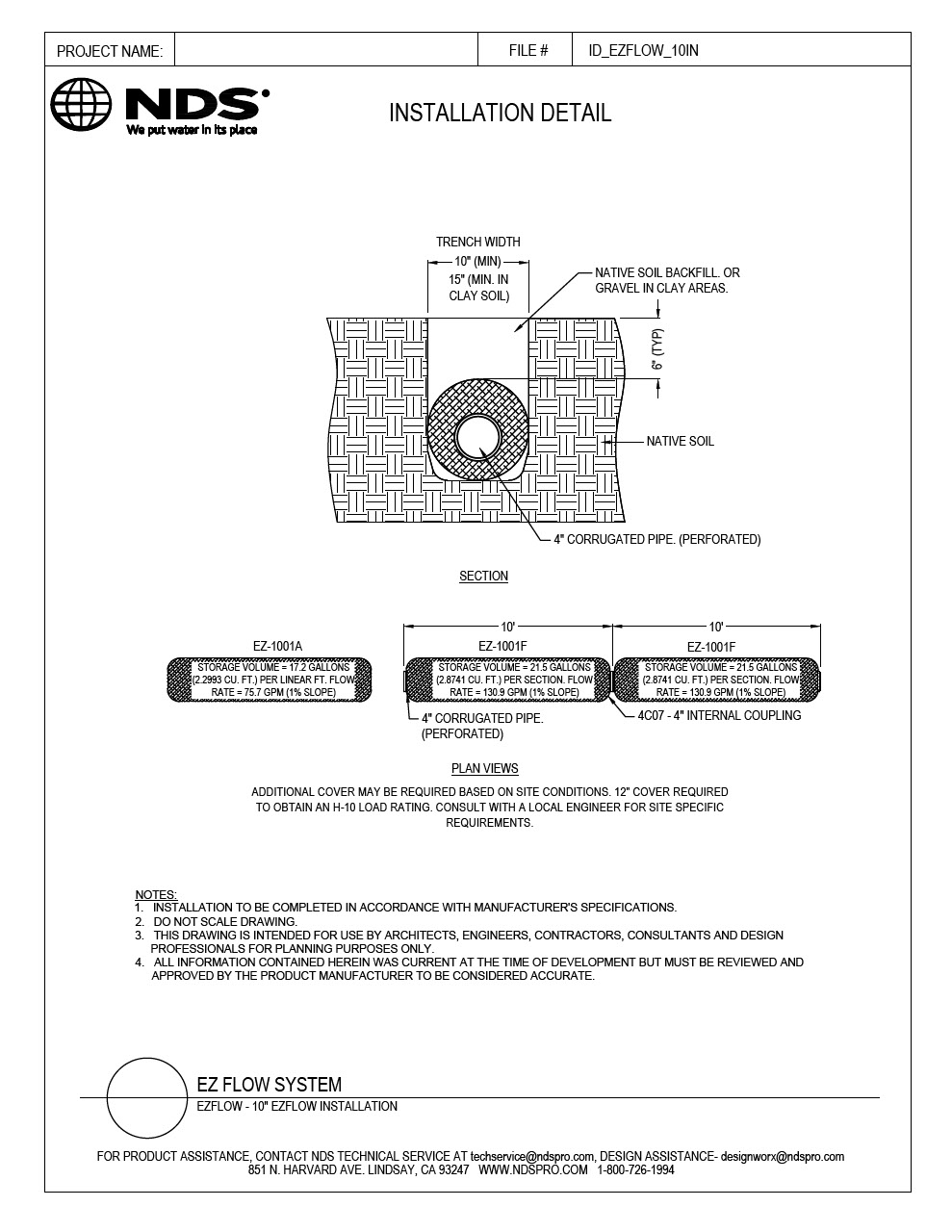 NDS 10 in. EZflow® Gravel-Free French Drain System Installation Detail 