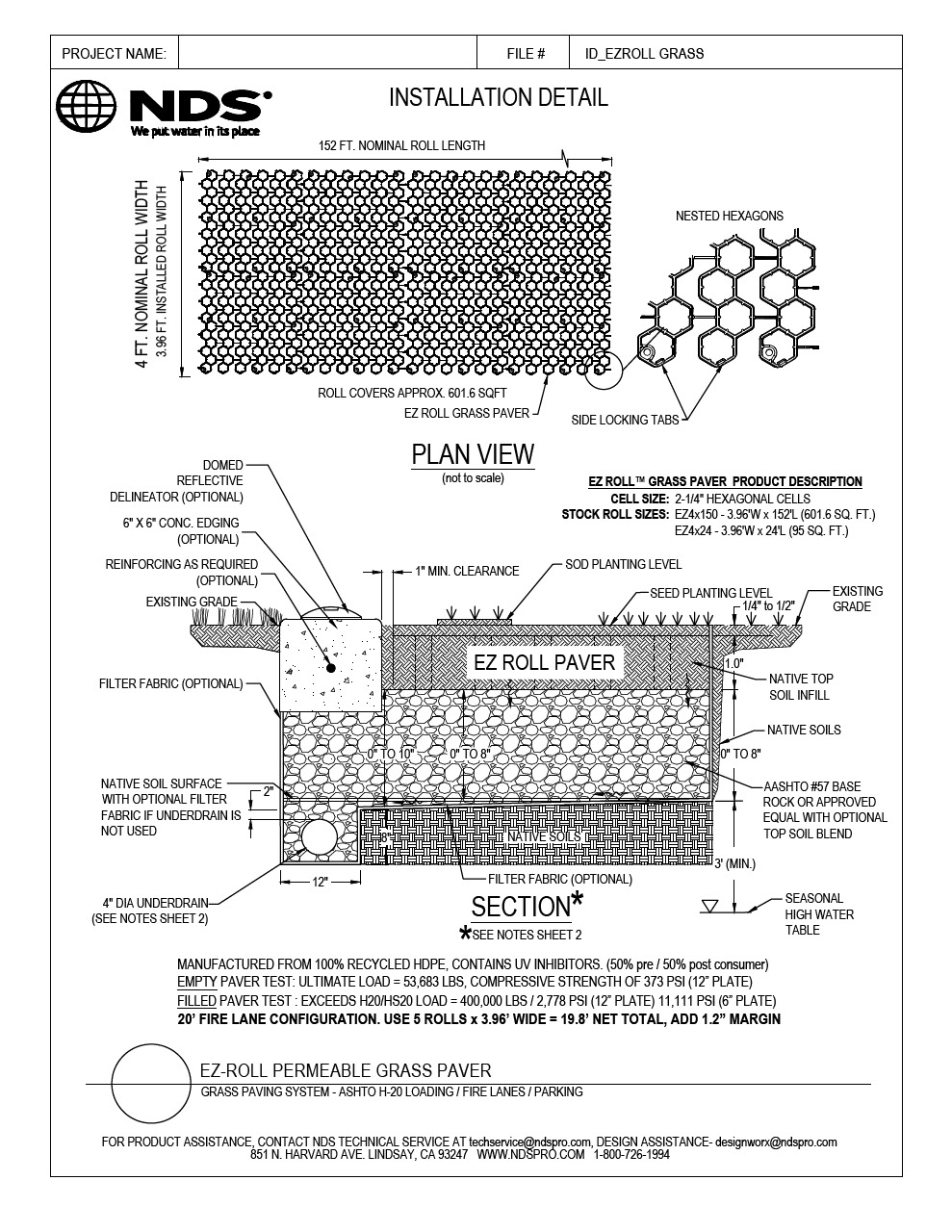NDS EZ4X150 Grass Paver 20' Fire Lane Installation Detail