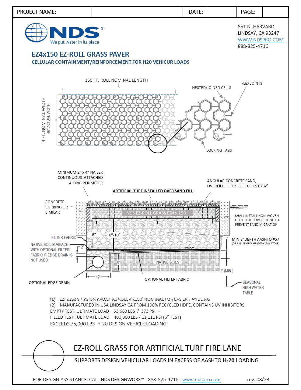 NDS EZ Roll™ Grass Pavers Articifical Turf Fire Lane Exceeding H-20 Load Installation Detail