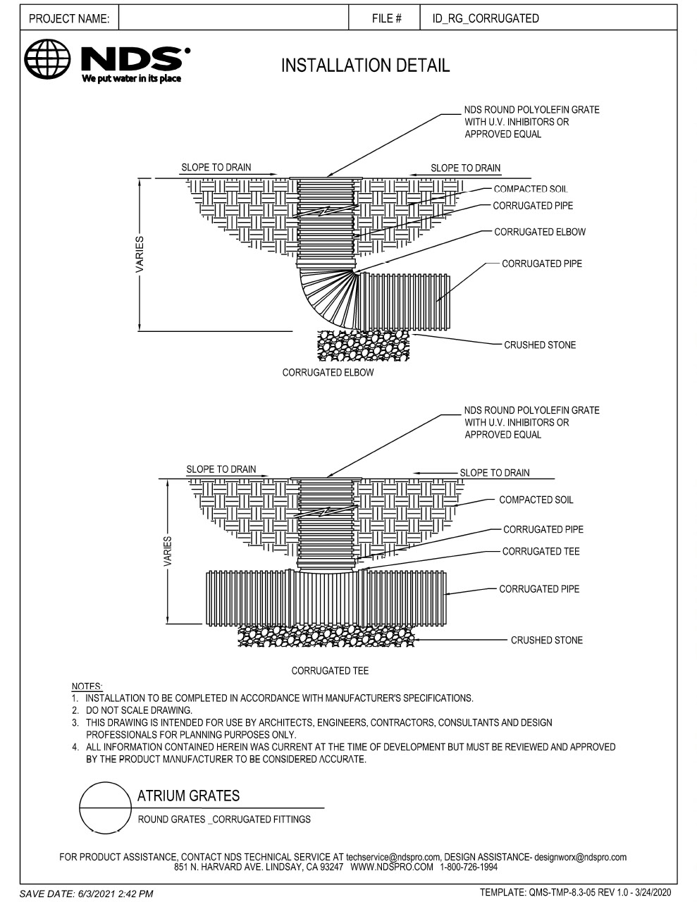 NDS Round Drainage Grates for Corrugated Pipes & Fittings Installation Detail