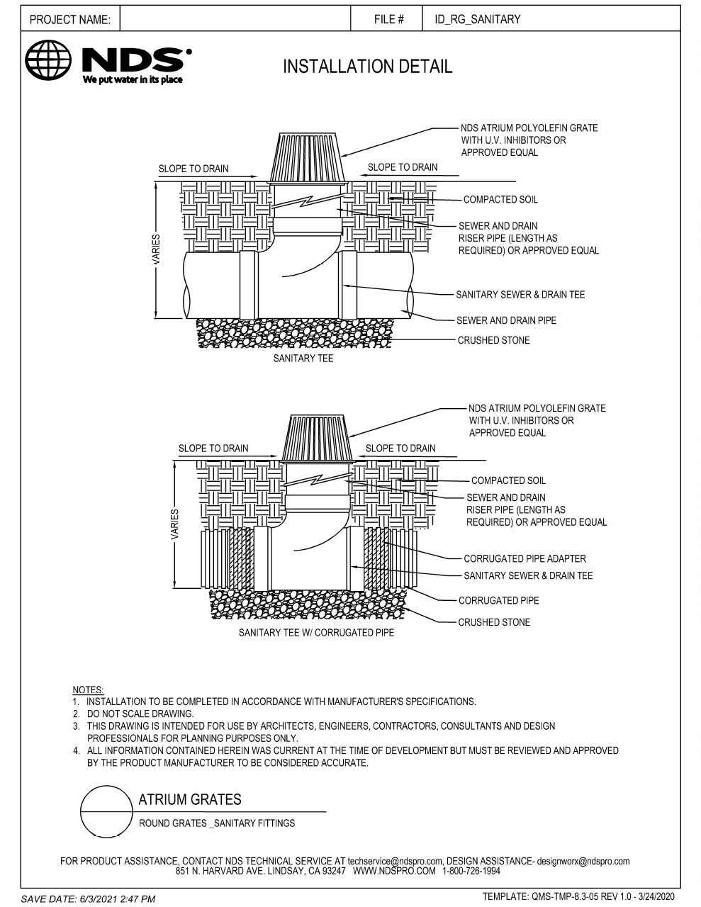 NDS Round Drainage Grates for Sanitary Pipes & Fittings Installation Detail