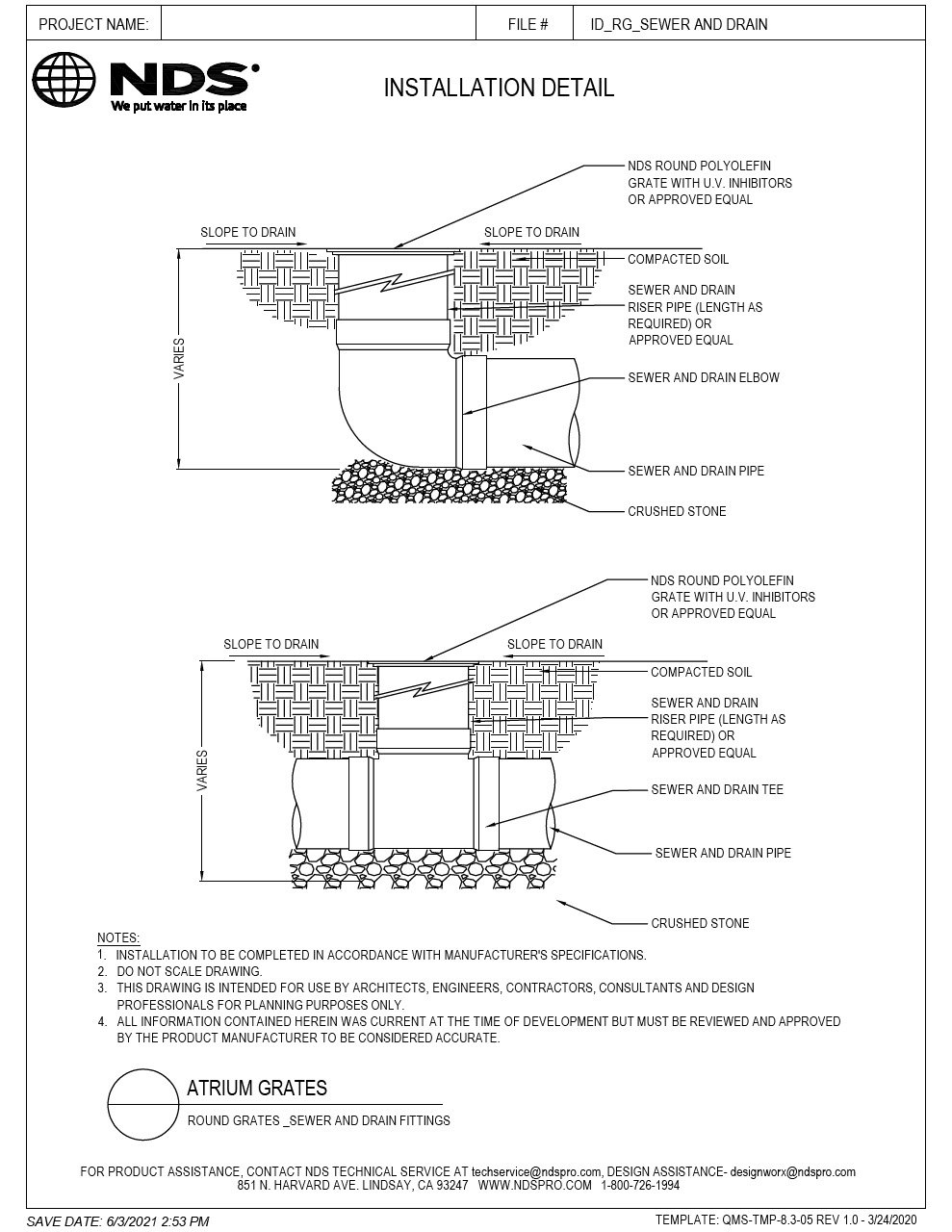 NDS Round Drainage Grates for S&D Fittings Installation Detail