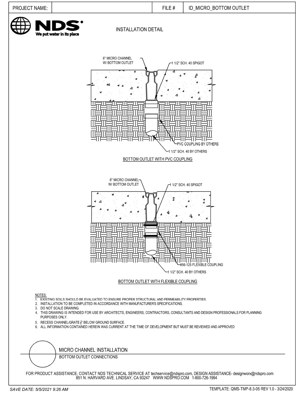 NDS Micro Channel Drains & Grates Bottom Outlet Installation Detail