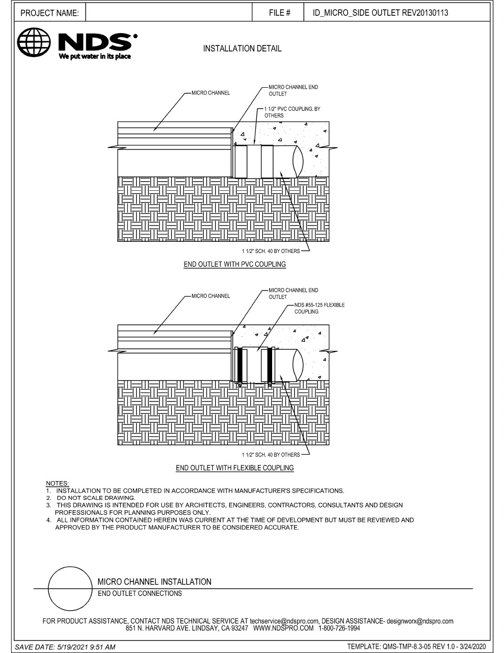 NDS Micro Channel Drains & Grates End Outlet Installation Detail