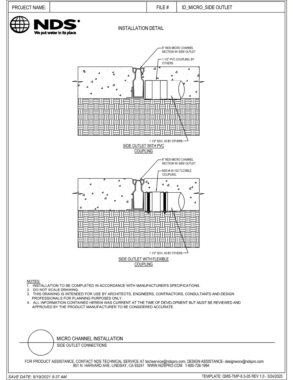 NDS Micro Channel Drains & Grates Side Outlet Installation Detail