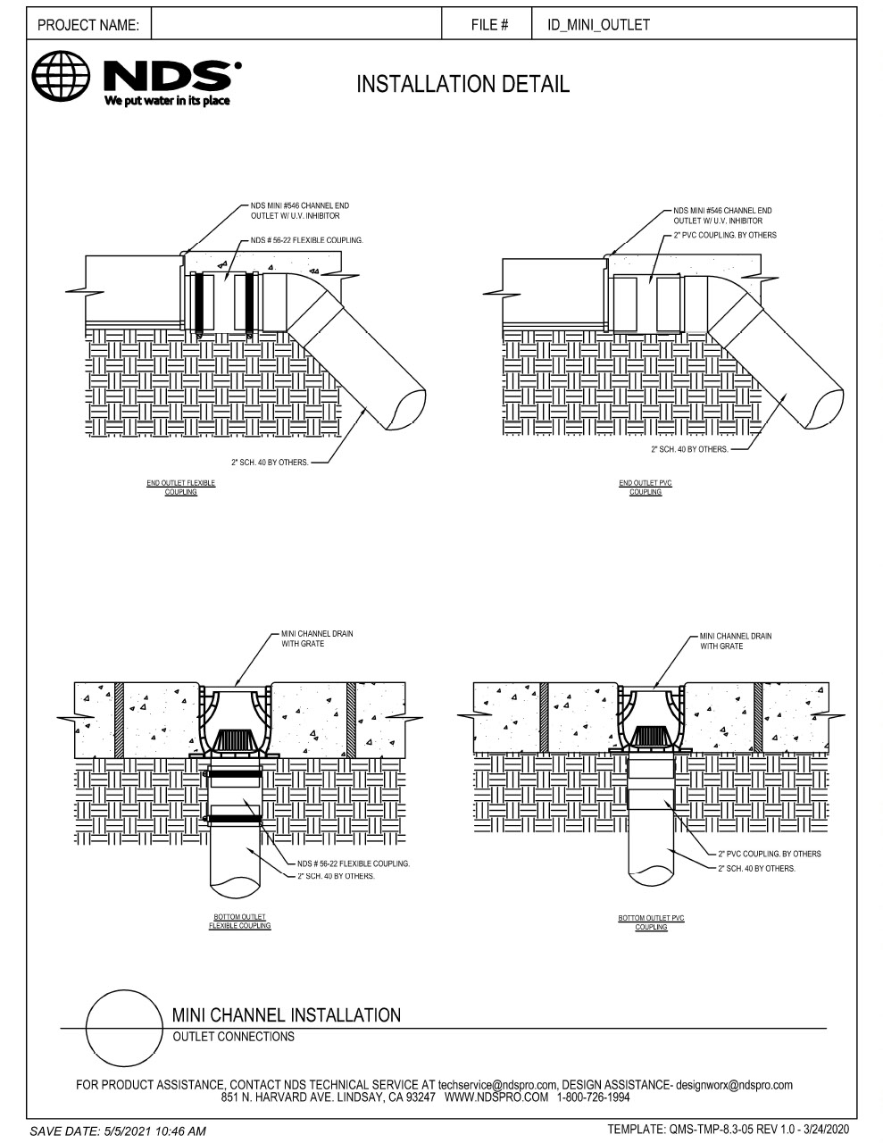 NDS Mini Channel Drains & Grates Outlet Connections Installation Detail
