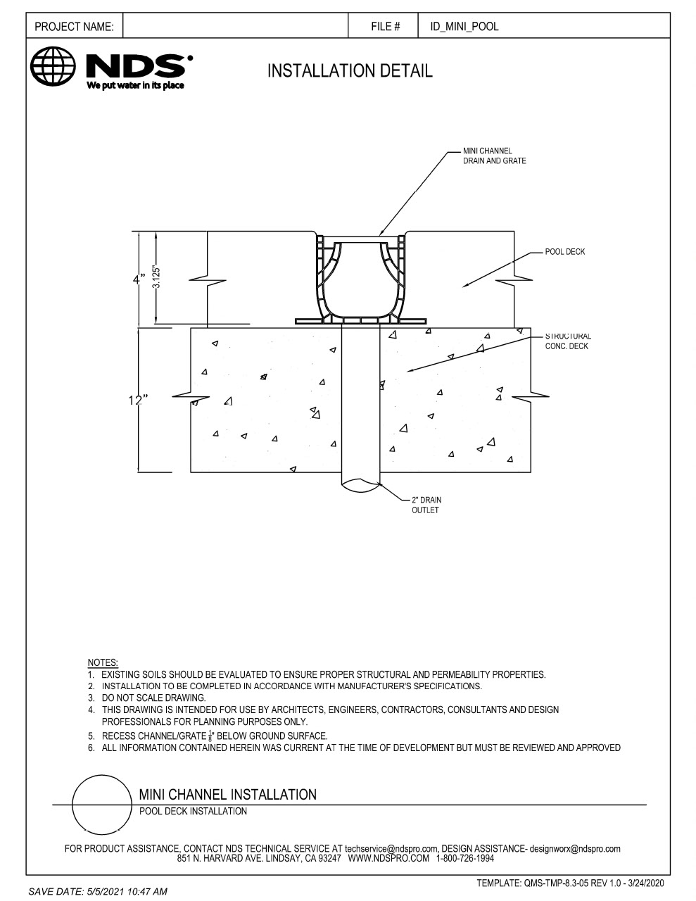 NDS Mini Channel Drains & Grates Pool Deck Installation Detail