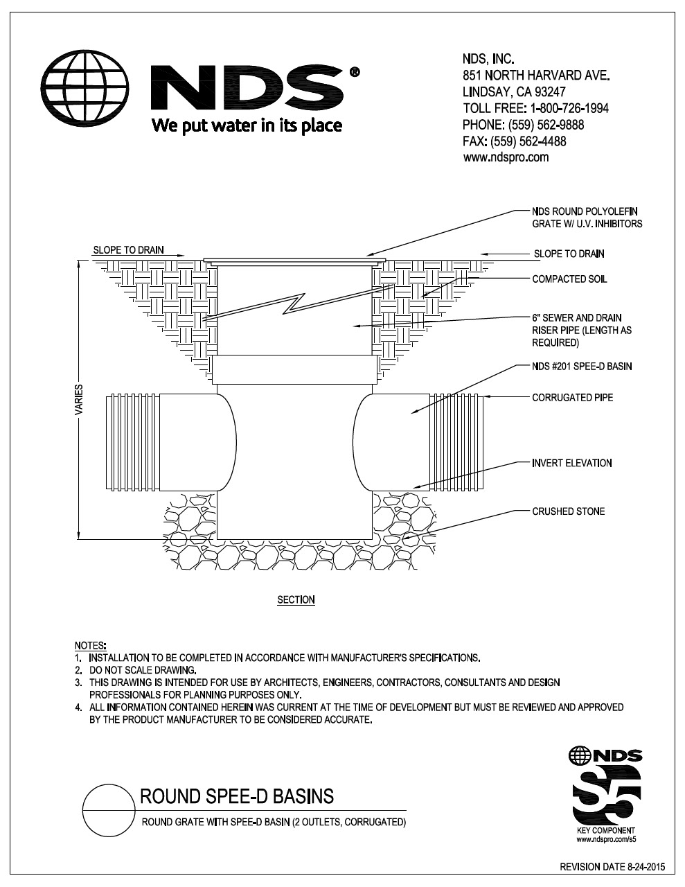 NDS 6 in. Round Drainage Grates with Spee-D® Catch Basins Two Outlet Corrugated Pipe Installation Detail