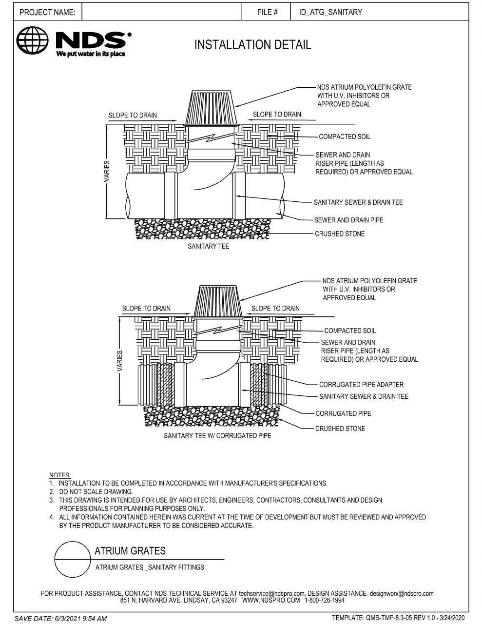 NDS Sanitary Drainage Fittings Installation Detail