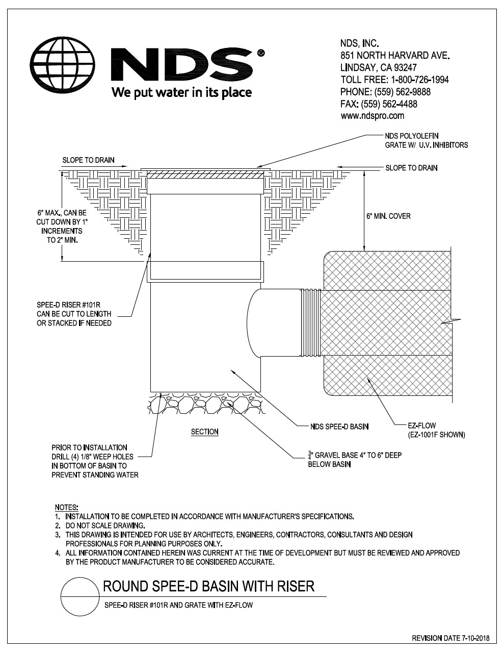 NDS 6 in. Round Spee-D® Catch Basin Riser and EZflow® French Drain Installation Detail