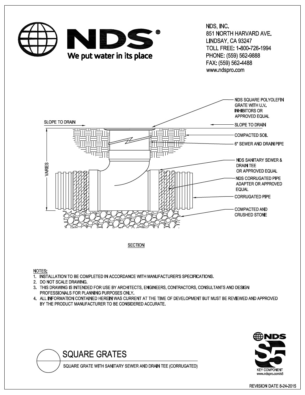 NDS Square Drainage Grates with Sanitary S&D Tee to Corrugated Pipe Installation Detail