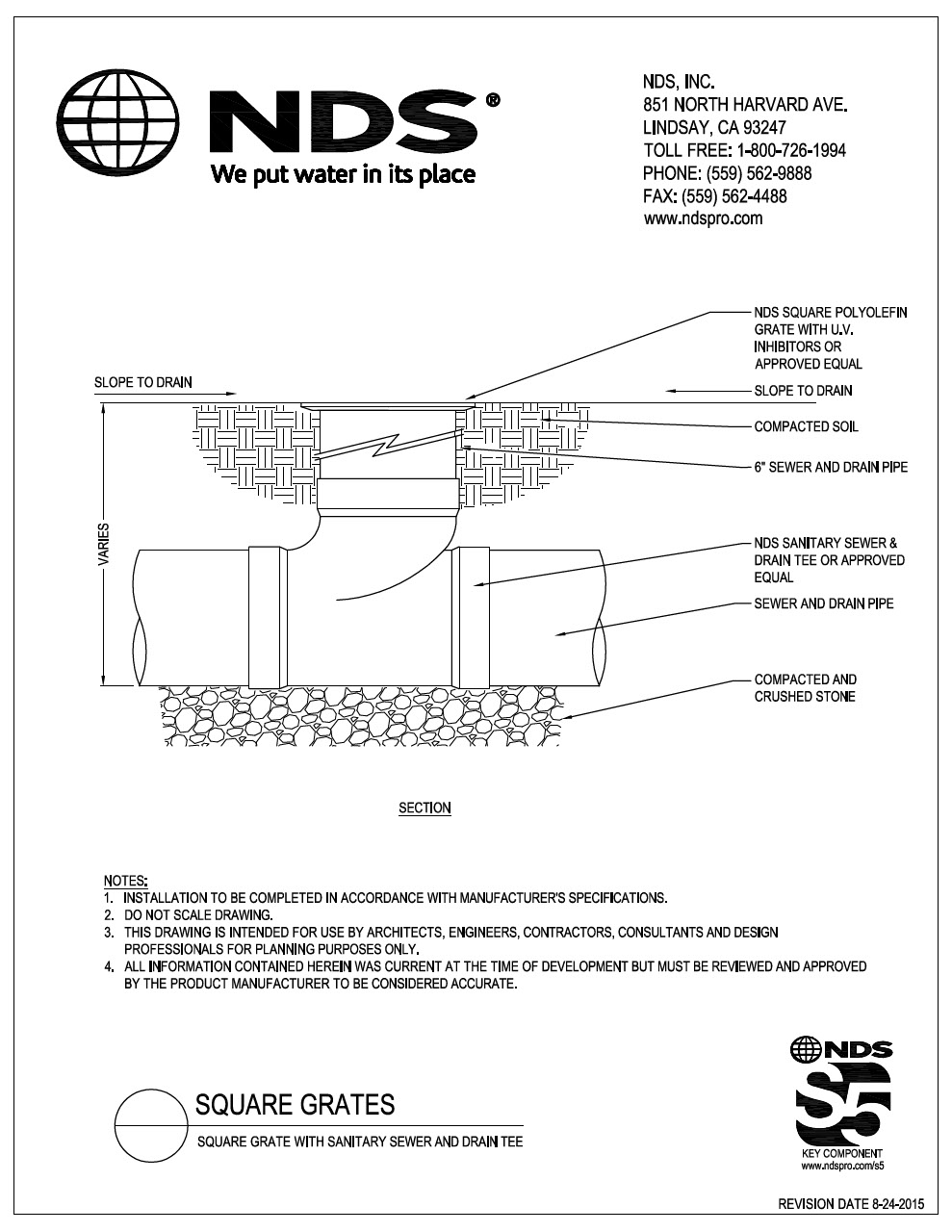 NDS Square Drainage Grates with Sanitary Sewer & Drain Tee Installation Detail