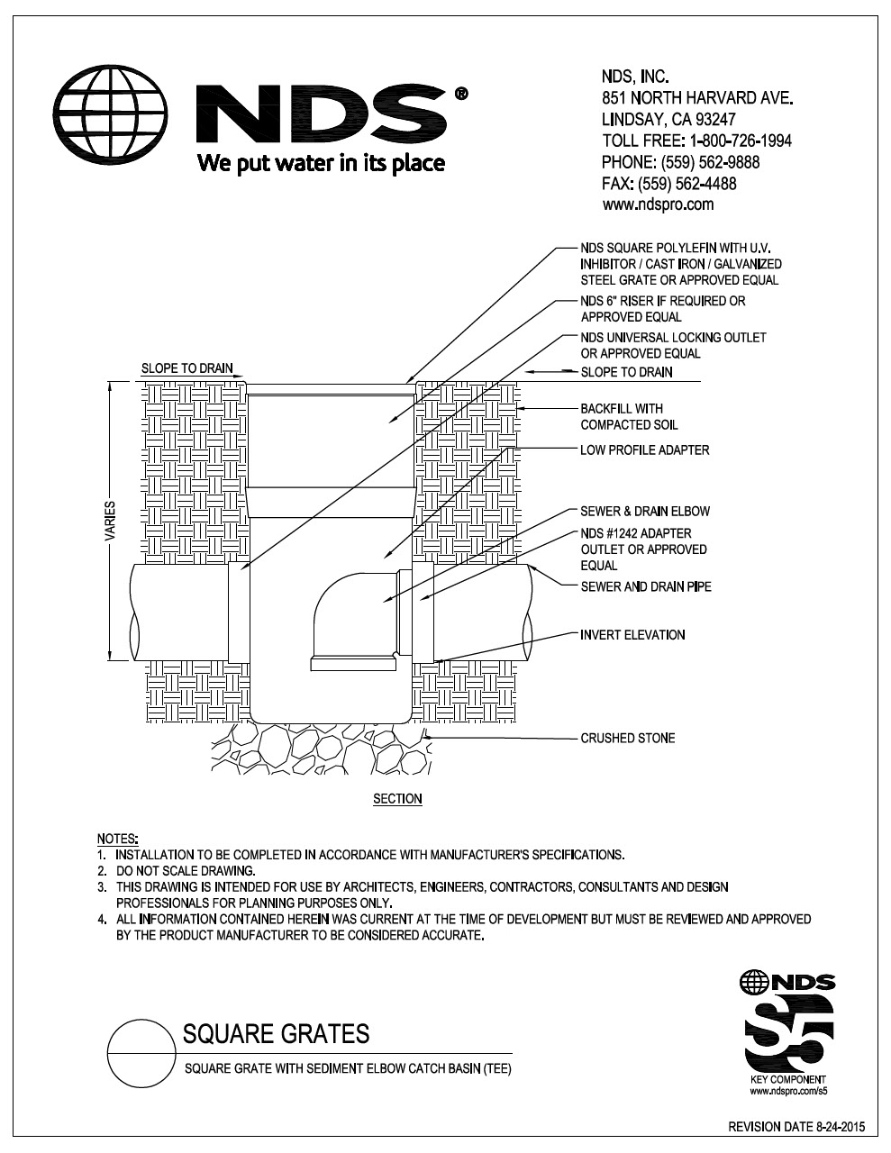 NDS Square Drainage Grates with Sediment Elbow Catch Basin Tee Sewer Tee Installation Detail