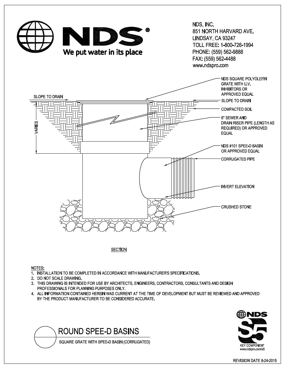 NDS Square Drainage Grates with 6 in. Round Spee-D® Catch Basins & Corrugated Pipe Installation Detail