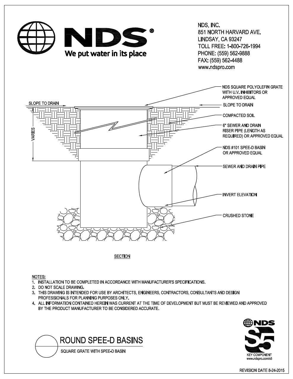 NDS Square Drainage Grates with 6 in. Round Spee-D® Catch Basins Installation Detail